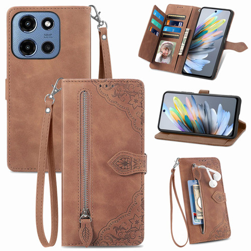 Moto G 2025 Embossed Flower Zipper Leather Phone Case - Brown